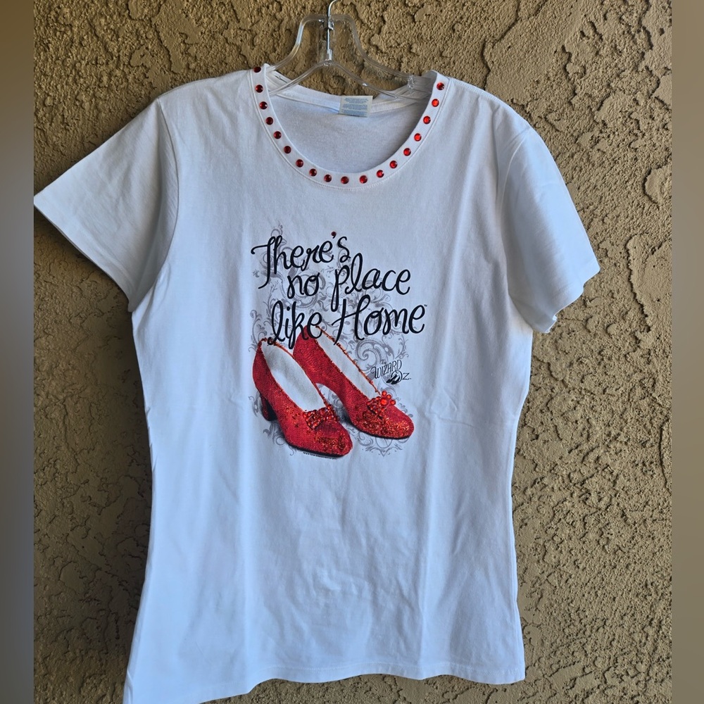 Port Company White Short Sleeve T-Shirt w/Ruby Red Sparkle Shoe Design | M|